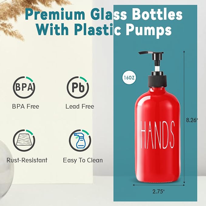 COHOSEGE Glass Soap Dispenser Set 2 Pack,16 Oz Dish Soap Dispenser for Kitchen Sink,Red Kitchen Accessories and Kitchen Decor,Red Decorations and Kitchen Utensils for Kitchen