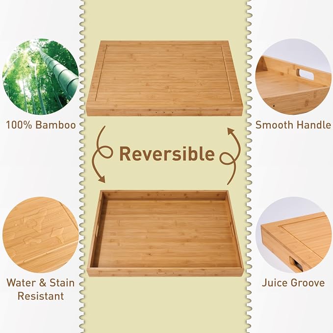Buruis Bamboo Stove Cover for 28.82 x 20.83 Inch Gas & Electric Stoves | Noodle Board Design with Juice Groove, Extra Counter Space, Built-In Handles, Multi-Purpose Kitchen Serving Board