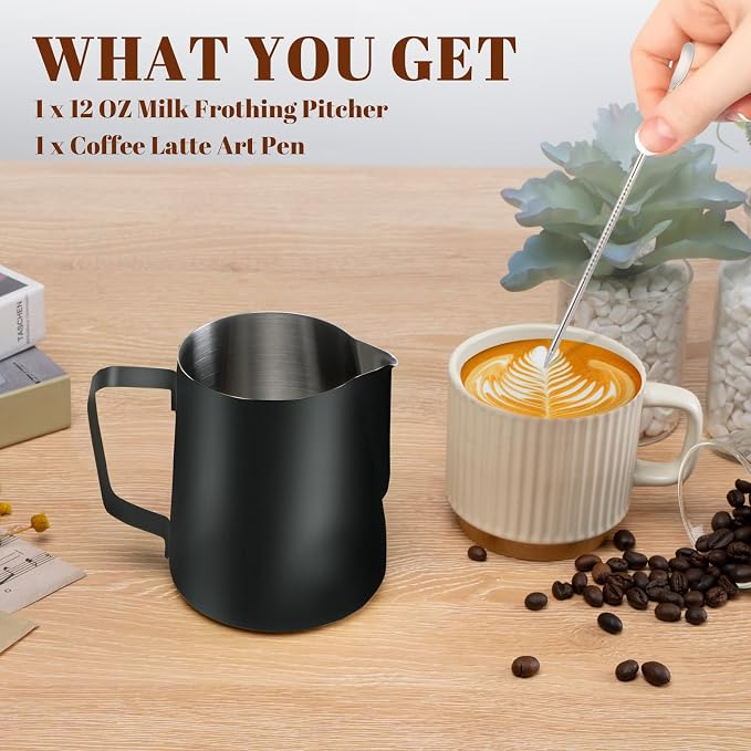 Amrules Milk Frothing Pitcher 12oz Frother Cup Barista Tools, Black | 18/8 Stainless Steel, 12oz Capacity with Clear Scale, with Decorating Pen, Ergonomic Handle, for Cappuccino, Latte & Espresso