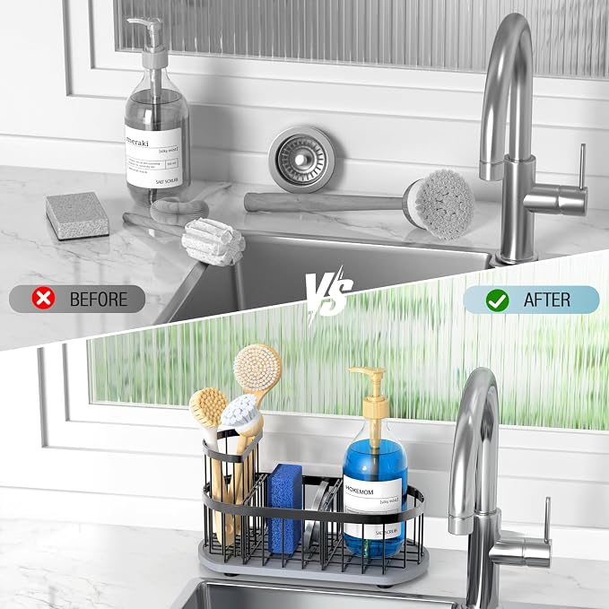 Sink Caddy Kitchen Sink Organizer, Sponge & Brush Holder, Stone Drying Mat | Space-Saving Sink Sponge Holder with Full-Size Tool Storage, Fits Most Sinks, Kitchen Sink Accessory and Countertop Organizer