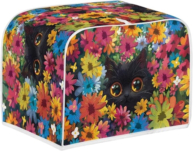 Cat Floral Print Toaster Cover 2 Slice Long Slot, Non Slip Bread Cover Dust Protection, Washable Toaster Accessories