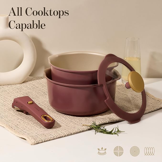 CAROTE 2.0Qt & 3.0Qt Titanium Nonstick Reinforced Sauce Pan Sets with Lid, Non-Stick Saucepans Cookware Set with Pour Spout with Detachable Handle, PFOS, PFOA Free, Induction Comptable, Burgundy