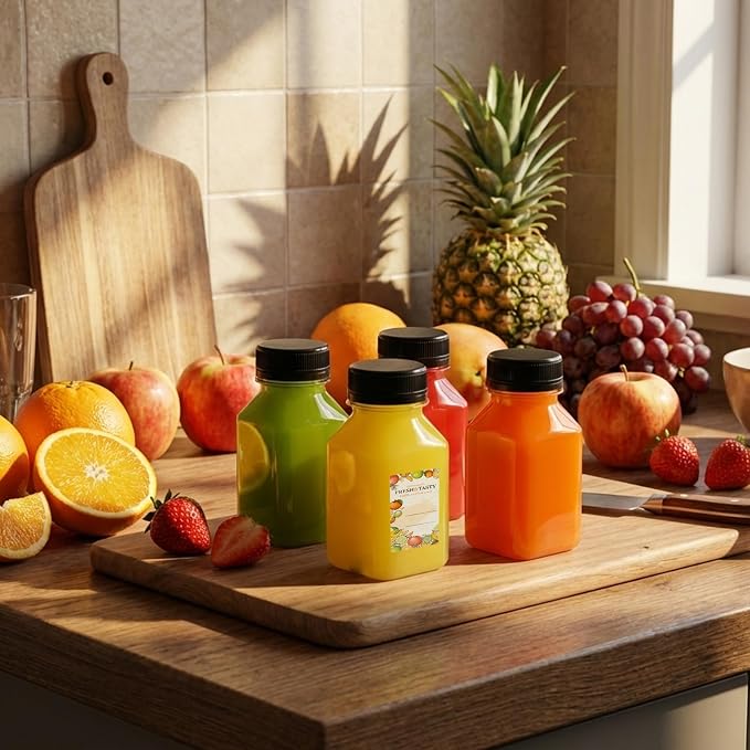 150pcs 4oz Plastic Juice Bottles with Caps, Sticker Labels, Brush | Empty Reusable 4oz Juice Containers with Lids Clear Ginger Shots Bottles with Label, Funnel, and Brush Beverage for Juicing