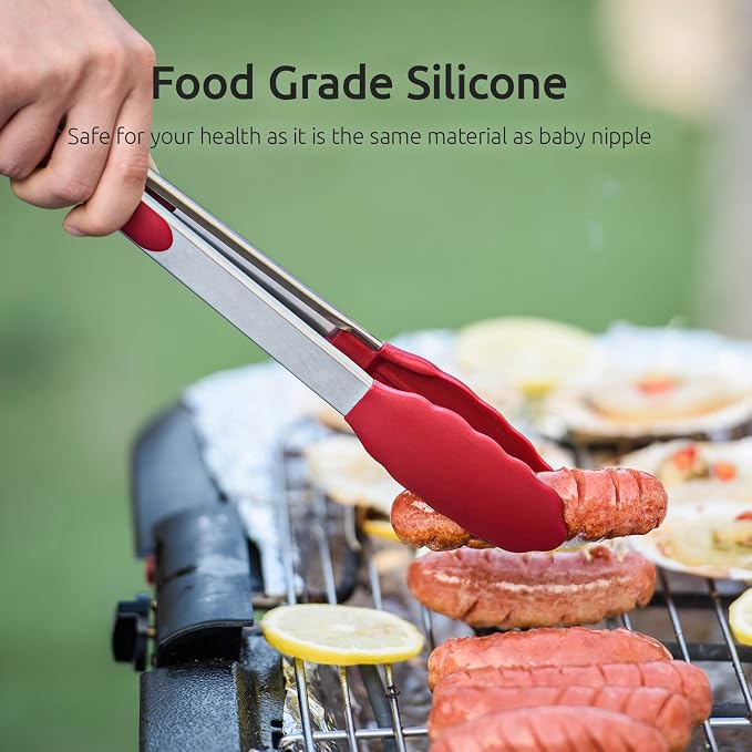 U-Taste Kitchen Tongs for Cooking, 600ºF Heat-Resistant Silicone, 3Pcs/Red | Tong Utensils Set 7/9/12in, Salad/Grill/BBQ Plastic Tongs for Food Serving, Rubber Thong with 18/8 Stainless Steel Handle