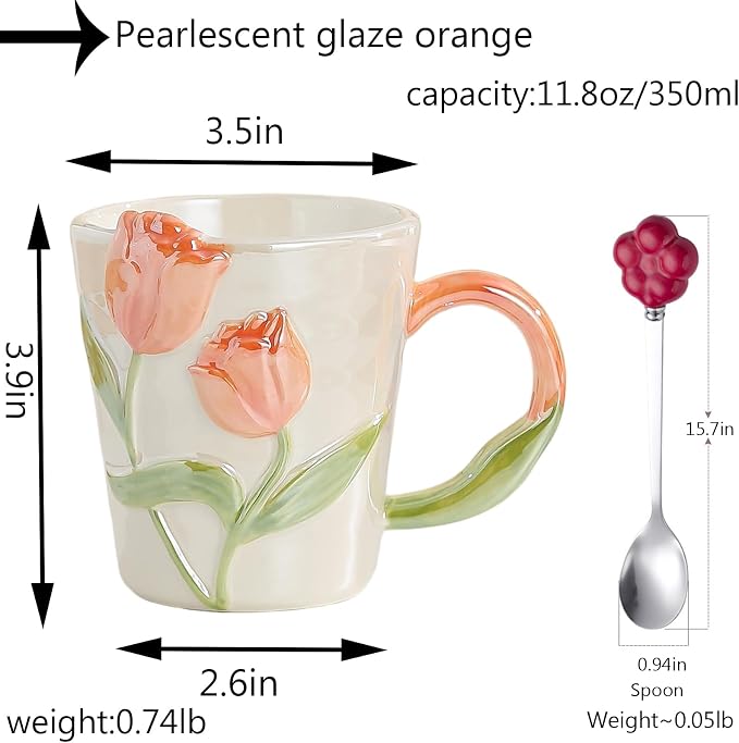 Hand Drawn Ceramic Coffee Mug 11.8Oz, Personalized Cute Tea Cup for Women, Unique Gift for Mom Wife Best Friend, Home Office Use, Orange Color