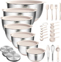 Wildone Mixing Bowls with Airtight Lids, Stainless Steel Nesting Bowls Set | Metal Bowls with 3 Grater Attachments, Non-Slip Bottom, Size 5, 4, 3, 2, 1.5, 1, 0.63QT, Include Utensil Set for Prep, Khaki