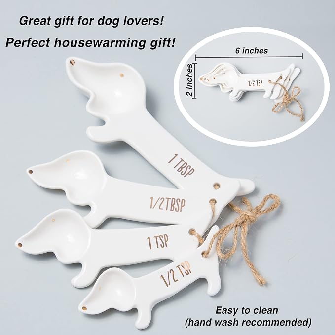 Dachshund Measuring Spoons, Ceramic, Set of 4, Dog Lover Gifts | Weiner or Wiener Dog Themed Kitchen Baking Tools, White Ceramic, Gift for Dachshund Lovers