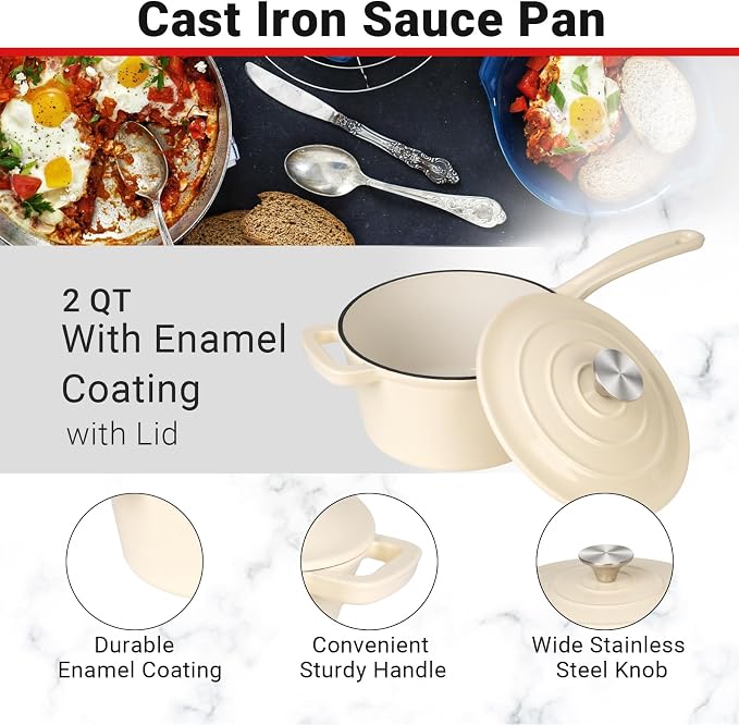 Enameled Cast Iron Sauce Pan, 2 Quarts Round Sauce Pot with Lid, Mini Dutch Oven Enamel Saucepan for Cooking Pasta Sauce, Marinate, Cook, Refrigerate and Serve, Cream White