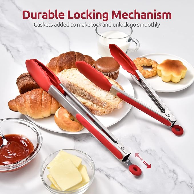 U-Taste Kitchen Tongs for Cooking, 600ºF Heat-Resistant Silicone, 2Pcs/Red | Tong Utensils Set 9/12in, Salad/Grill/BBQ Plastic Tong for Food Serving, Rubber Tipped Tong with 18/8 Stainless Steel Handle
