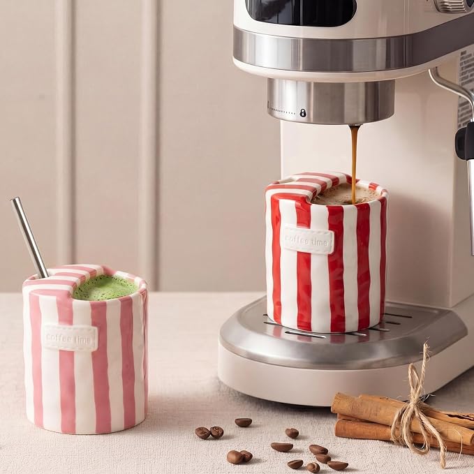 2 Pack Ceramic Mug with Sip Hole, Simple, Red, Pink | 10oz Ceramic Coffee Cup with Straws, Retro Hand Painted Striped, for Iced Coffee Tea Latte Espresso, Kitchen Dining Travel