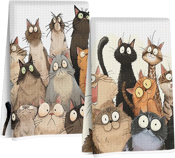 2 Pcs Cute Cat Kitchen Towels, Funny Cats Gifts Absorbent Hand Towels-01 | Cat Dish Cloths for Drying Dishes, Cats Waffle Dish Towels for Kitchen Home Bathroom Decor, Cat Lover Gifts for Women Mom