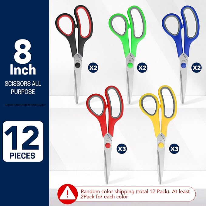 BURVAGY 12 Pack 8" Scissors All Purpose, Heavy Duty Scissors for Office | Scissors Bulk Multipurpose Comfort-Grip Sharp Adult Office Scissors Set Sewing Fabric Stainless Steel Blades, Right/Left Hand