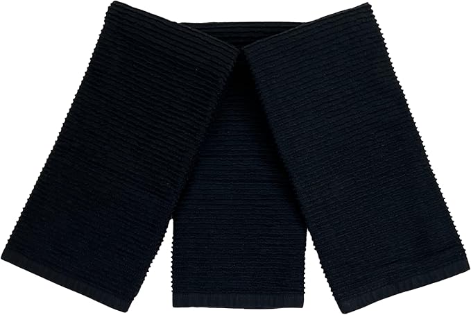 Black Kitchen Hand Dish Towels, Set of 3, 100% Cotton, 18" x 28" | Terry Loop Ribbed Textured, Soft & Absorbent Cleaning Cloth, Quick Dry, Multipurpose for Everyday Use