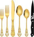 Gold Silverware Set, Ollex 24 Pieces Retro Flatware Set for 4 with Spoons Forks Black Steak Knives Anti-rust Silverware Steel Cutlery Set, Gold Utensil set Mirror Polished&dishwasher safe