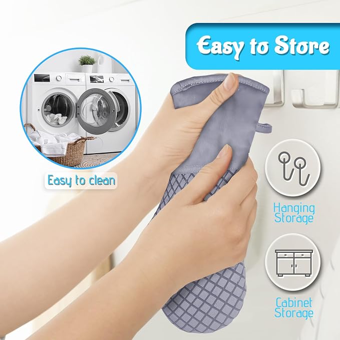 Pynqdfu 4 Pcs Oven Mitts and Pot Holders,High Heat Resistant 500 Degree Glove with Silicone Non-Slip Surface,Extra Thicken Long Kitchen Cotton Oven Glove for Baking,Cooking,Grilling(Light Gray)
