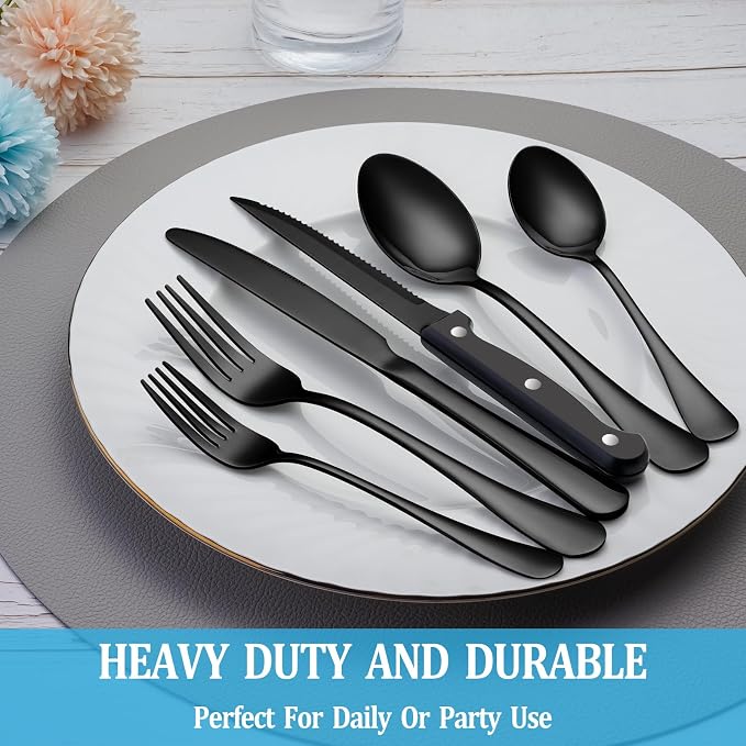 24 Pcs Black Silverware Set with Steak Knives, Stainless Steel Flatware Cutlery Set for 4, Kitchen Tableware Sets, Utensil Sets for Home and Restaurant, Dishwasher Safe
