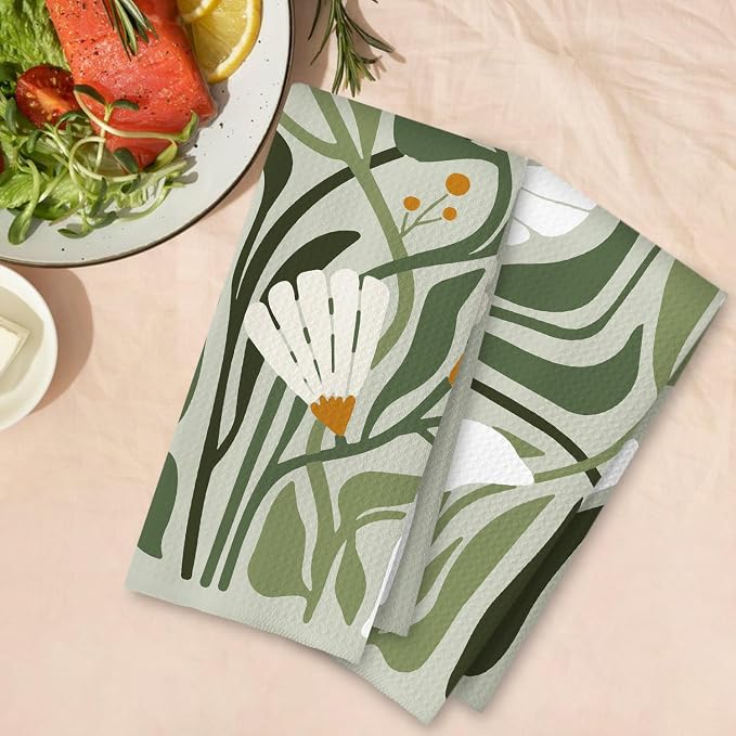Abstract Boho Sage Green Floral Kitchen Towels Set of 2, 70s Retro Groovy Boho Botanical Dish Tea Towels for Kitchen Decor, Mid Century Modern Hand Towels for Bathroom Decor, 16x24 Inch