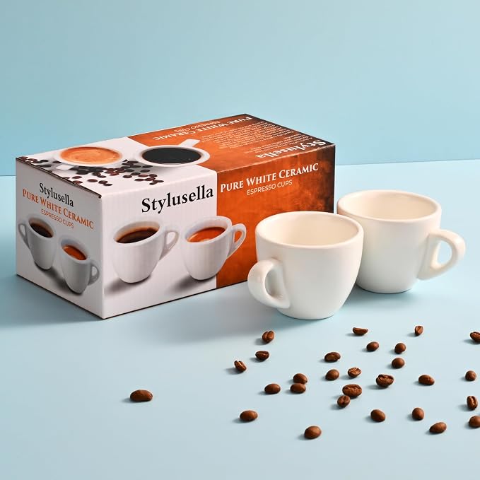 2.5 oz / 75 ml Pure White Ceramic Espresso Cups, Set of 2, Demitasse Espresso Mugs