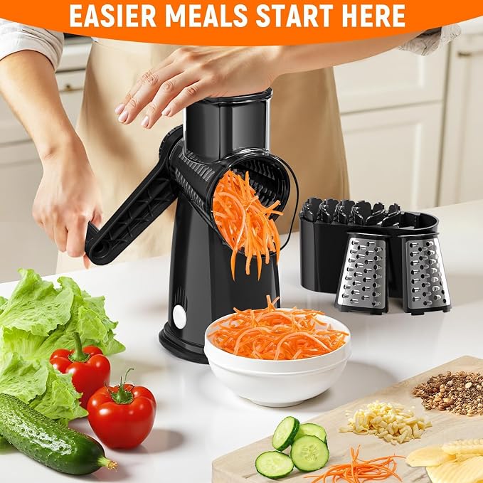 Rotary Cheese Grater Hand Crank, 5-in-1 Vegetable Shredder Chopper Spiralizer Slicer with 5 Interchangeable Blades for Vegetable, Cheese, Fruit, with Blades Storage Box & Stable Suction Base (Black)