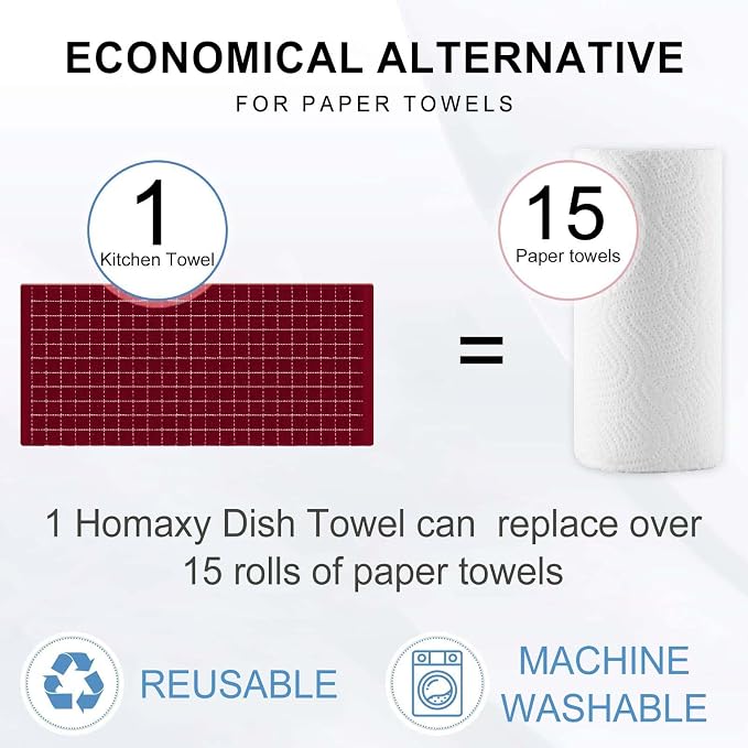 Homaxy Kitchen Towels and Dishcloths Set, Set of 8, Brick Red | Bulk Cotton Terry Kitchen Towels, Checkered Designed, Soft and Super Absorbent Dish Towels, 12 x 12 and 13 x 28 Inches