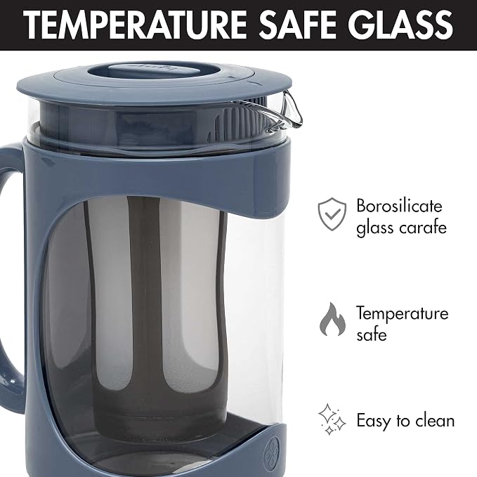 Primula Burke Deluxe Cold Brew Iced Coffee Maker, Comfort Grip Handle, Durable Glass Carafe, Removable Mesh Filter, Perfect 6 Cup Size, Dishwasher Safe, 1.6 qt, Blue