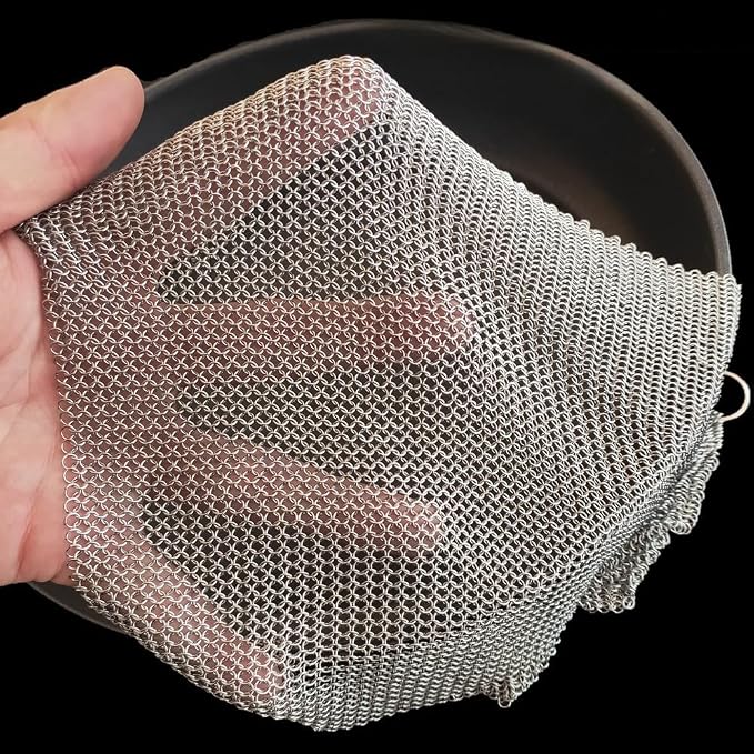 Cast Iron Cleaner & Chainmail Skillet Scrubber - 28''x28'' 3.8mm Small Ring, 316L Stainless Steel Interlocking Mesh Sheet, Flexible Chainmail Panel, Fine Linked Ring Fabric, Woven Ring Net