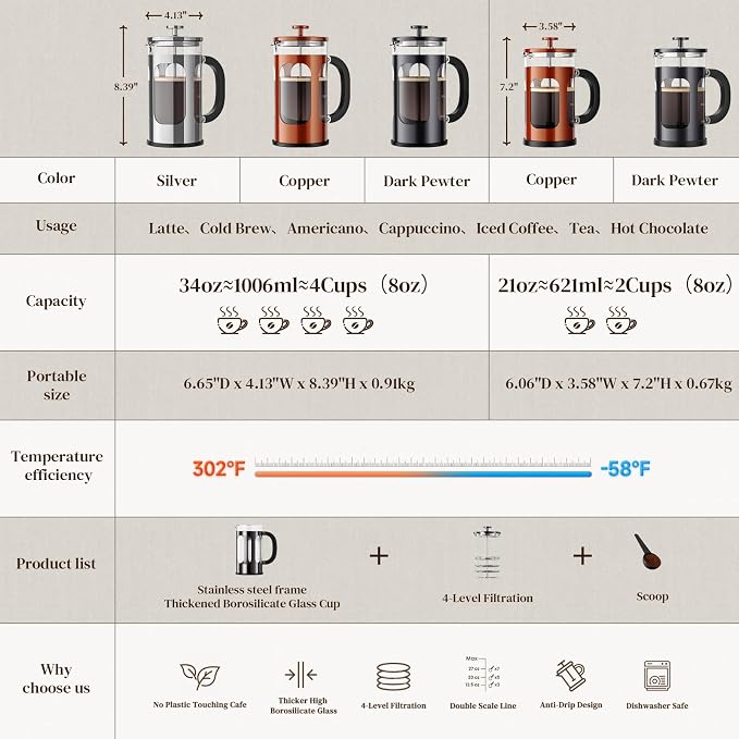 Veken French Press Coffee Maker,No Plastic Touches Cafe,21oz 0.6L Small Pot | Heat Resistant Thickened Borosilicate Glass Stainless Steel Brewer, Single Serve for Kitchen,Travel,Camping,Tea,Gifts, Copper