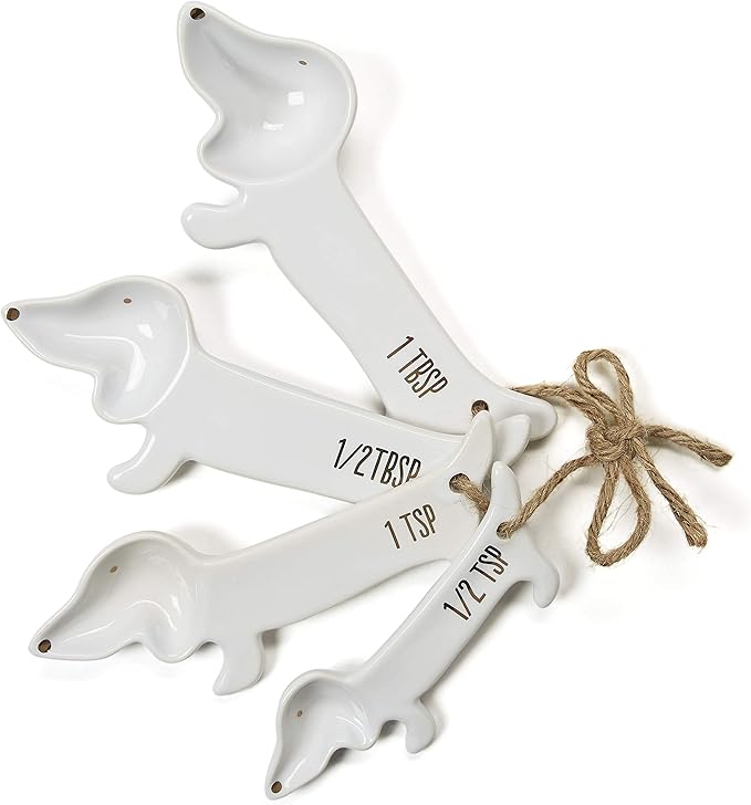 Dachshund Measuring Spoons, Ceramic, Set of 4, Dog Lover Gifts | Weiner or Wiener Dog Themed Kitchen Baking Tools, White Ceramic, Gift for Dachshund Lovers