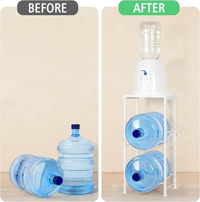 Water Jug Holder Stand 2 Tier 5 Gallon Water Bottle Rack with Top Shelves 5 Gallon Water Bottle Holder Organizer Water Dispenser Stand for Kitchen, Home Office, Living Room, White