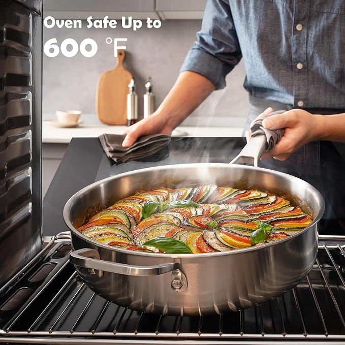 VocVoi Saute Pan,7 Quart Saute pan,Stainless Steel Cookware,skillet,12.5 inch Stainless Steel Saute Pans with Lid,Dishwasher and Oven Safe, Works on All Cooktops