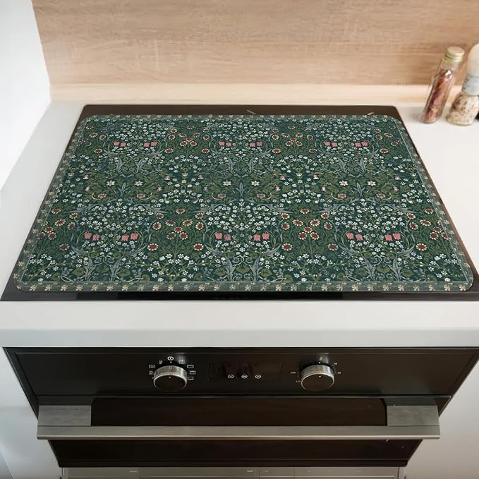 Boho Glass Stove Top Cover for Electric Stoves,Vintage Floral Farmhouse Stove Top Cover for Kitchen Decor,Heat Resistant Cooktop Protector Mat,Non-Slip Washable Dish Drying Mat 28"x20"