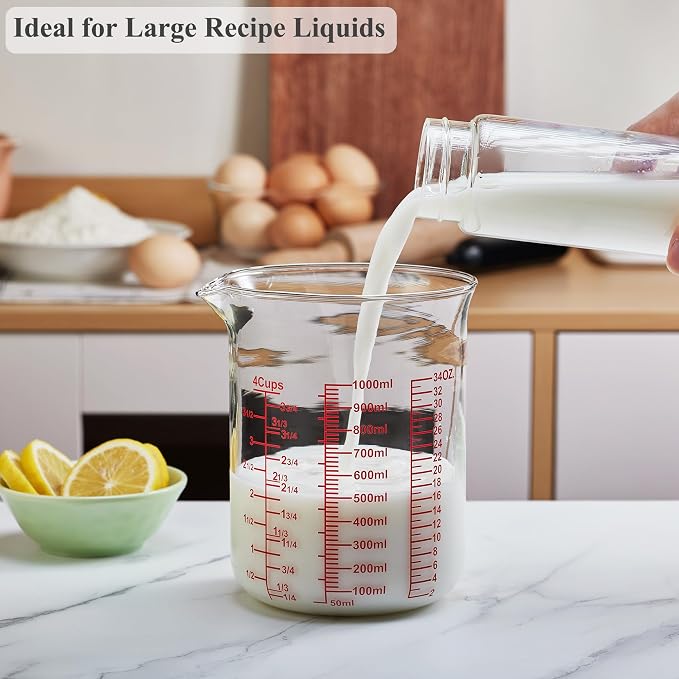 High Borosilicate Glass Measuring Cup-V-Shaped Spout，Glass Measuring Beaker for Kitchen or Restaurant, Easy to Read, 1000 ML (32 Oz, 4Cup)