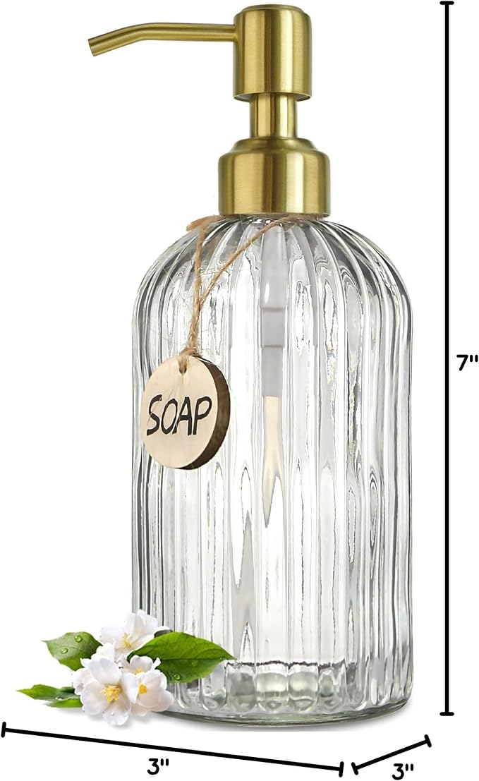 JASAI 18Oz Glass Soap Dispenser with Golden Pump for Kitchen,Refillable Liquid Hand soap Dispenser with Vertical Stripe, Clear Soap Dispenser Bathroom for Hand soap, Dish Soap, Lotion | Refillable Hand Soap Dispenser with Vertical Stripe, Gold Soap Dis...