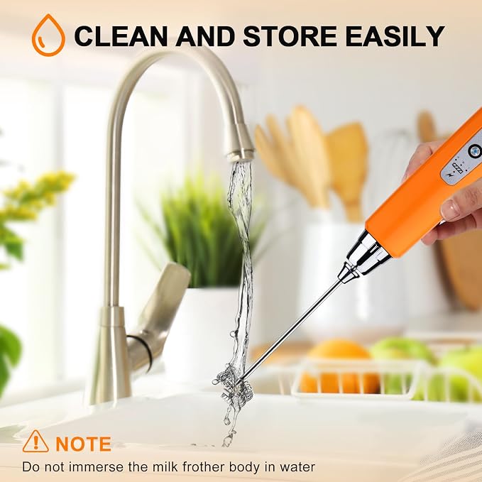 YUSWKO Fluorescence Orange Handheld Milk Frother Wand for Coffee, Rechargeable Electric Whisk with 3 Heads 3 Speeds Drink Mixer Coffee Frother For Latte, Cappuccino, Hot Chocolate, Egg | Drink Mixer Wand Coffee Frother Handheld With 3 Heads 3 Speeds Fo...
