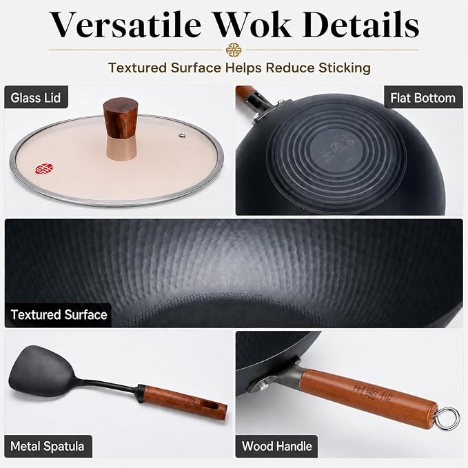 WANGYUANJI Lightweight Carbon Steel Wok Pan with Lid, 12.6" Flat Bottom Stir Fry Wok for Induction, Electric & Gas Stoves, 2.9 lb Wok Body, Pre-Seasoned Nitrided Wok, No Chemical Coating