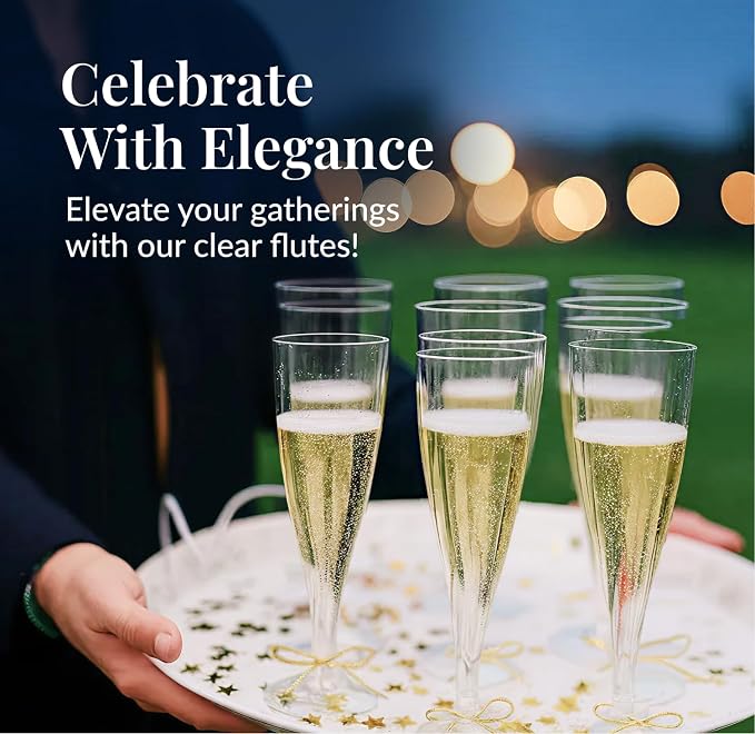 Prestee Set of 200 Plastic Champagne Flutes - Clear Champagne Glasses for Parties, Weddings, Events - 4.5 oz Disposable Drinkware - Elegant Stemware for Toasts Cocktails Mimosas