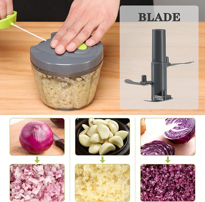 Cambom Manual Food Chopper Vegetable Cutter, Hand String Vegetable Chopper Onions Cutter for Vegetable Fruits Nuts BPA Free Food Safe Material, 650ml Gray
