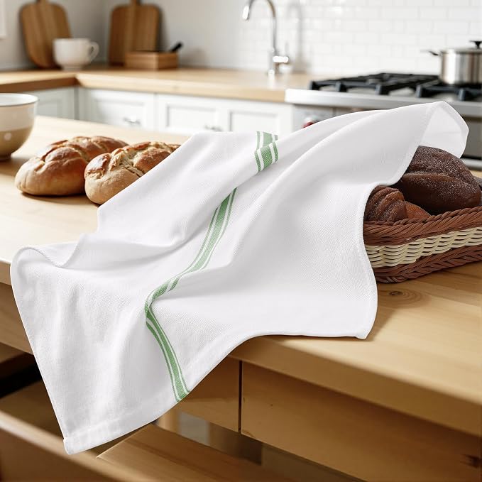 Homaxy 100% Ring Spun Cotton Kitchen Towels 12 Pack, Grass Green Stripe | 15 x 25 Inch, Highly Absorbent Dish Towels for Kitchen Drying, Reusable Cleaning Cloths, Soft Tea Towels with Hanging Loop
