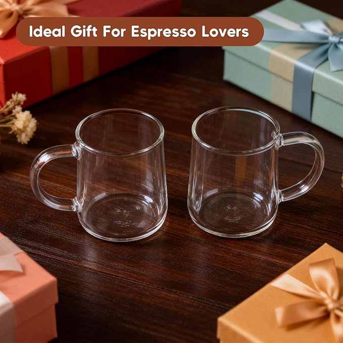 Glass Espresso Cups Set of 2, 5.4 oz Clear Espresso Shots Cup with Handle, Small Coffee Cups Glasses Mugs, Demitasse Cups, Cappuccino Cup, Suit for Espresso Machine, Microwave Dishwasher Safe