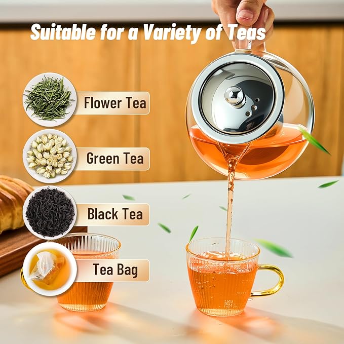 Baalaka Glass Teapot with Infuser, Clear Tea Pot for Stove, 22 oz/650 ml | Tea kettle, tea maker and brewer with removable 18/8 stainless steel infuser for loose leaf or blooming tea, camping, travel