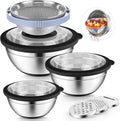 P&P CHEF Mixing Bowls with Lids, Metal Mixing Bowl with Colander, Black | 3 PCS Stainless Steel nesting bowls for Prepping, Storing, Colander for Draining, 3 Grater Attachments & Non-Slip Bottoms