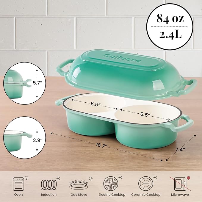 Cast Iron Bread Pan with Lid, Mini Enamel Sourdough Baking Dutch Oven Pot, Double Round Loaf Space for Homemade, Bread, Cake, Meatloaf, 16.5cm Diameter, 500°F Oven Safe, Non Stick, Green