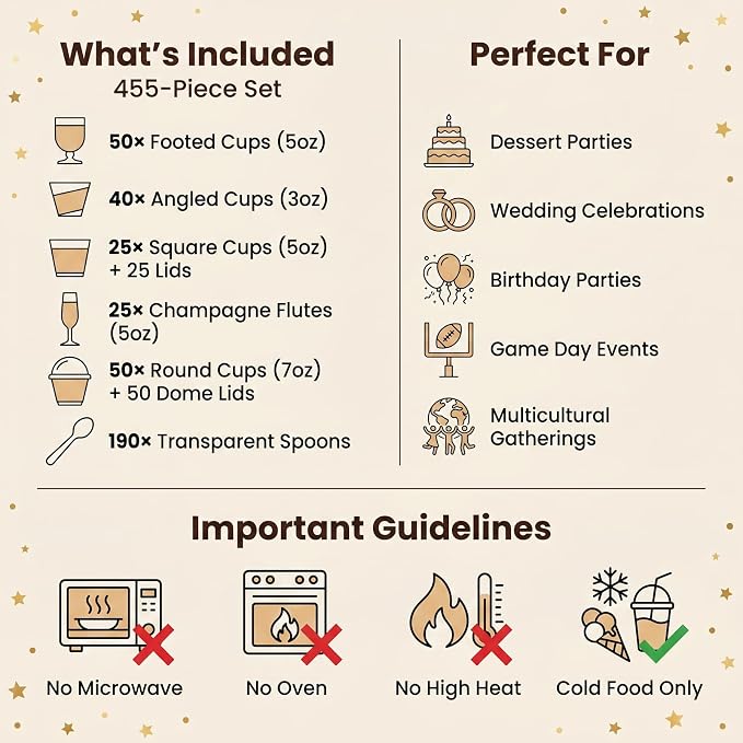455 Pcs Clear Mini Dessert Cups Set for Party | With Spoons and Lids , Slanted Cups, Champagne Glass , Trapezoid Mini , and Parfait Cups, For Pudding Mousse Fruit Appetizers