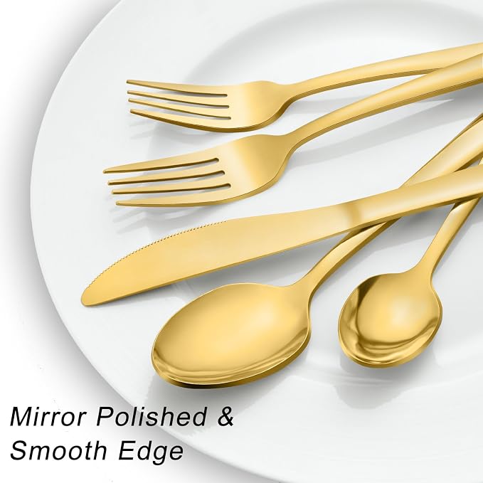 Pleafind 72Pcs Gold Silverware Set for 12 - Dishwasher Safe, Flatware Set with Steak Knives, Stainless Steel Cutlery Set, Include Forks Spoons and Knives Set, Utensil Sets for Home Restaurant