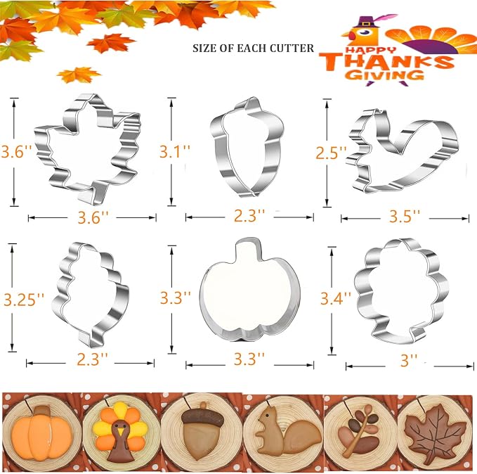 6 Pieces Thanksgiving Cookie Cutters, Fall Themed Holiday Cookie Cutter Shapes of Pumpkin,Maple Leaves,Oak Leaves,Turkey,Squirrel,and Acorn Cookie Cutters with Decorating Instructions