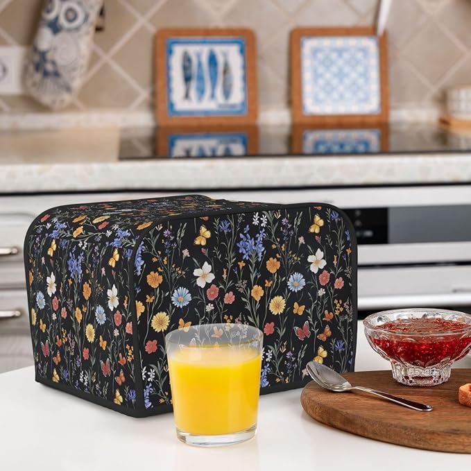 4 Slice Toaster Cover Vintage Botanical Flower Wildflower Dust Proof Washable Kitchen Appliance Cover with Pocket, Oxford Fabric Countertop Toaster Protector for Standard Toasters Small Appliances