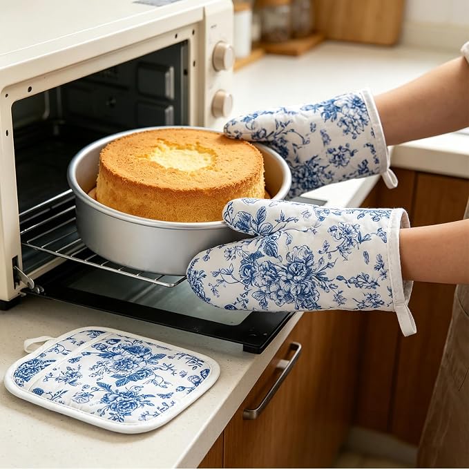 AnyDesign 4Pcs Blue Chinoiserie Floral Oven Mitts and Pot Holders Set | Heat Resistant Non-Slip Potholders Porcelain Flower Kitchen Oven Gloves with Hot Pads for Cooking Baking