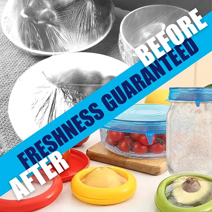 2-in-1 Produce Saver Containers with Silicone Stretch Lids (4 Containers + 6 Lids) – Avocado, Onion, Lemon, Tomato Keeper, Anti-Oxidation Food Storage, Airtight Leakproof Lids for Fridge Organizer