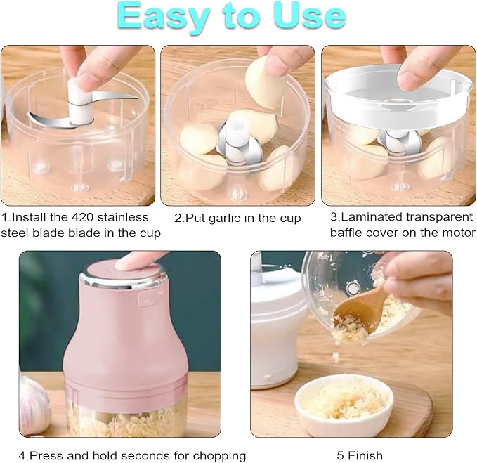 Vegetable Chopper, Electric Garlic Chopper, 250ML USB Rechargeable Mini Blender, Powerful Small Food Processor, Blender to Vegetable, Wireless Food Cutter for Ginger, Chili, Fruit, Meat, etc（Pink）
