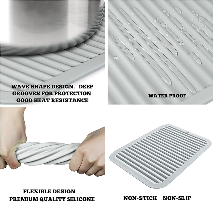 TOPULORS 3 PCS Silicone Trivets for Pots and Pans 9"x12" Heat Resistant Mat Hot Pads for Kitchen Quartz Countertops - Dish Drying Mat Non-Slip Potholders Pot Holders Trivets for Hot Dishes - Gray